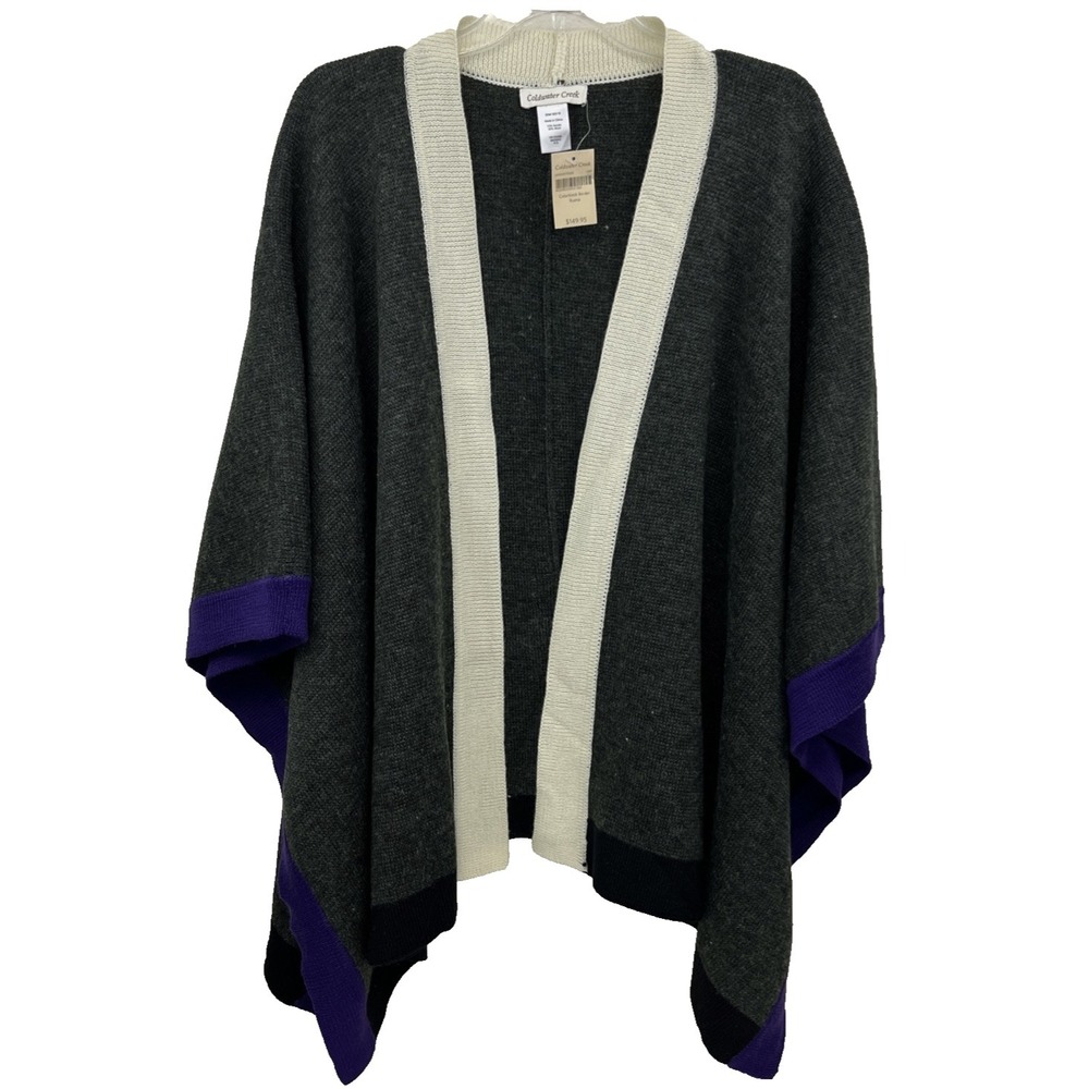 Coldwater Creek NWT $149 Ruana Colorblock Border Wrap Poncho Knit Wool Blend OS